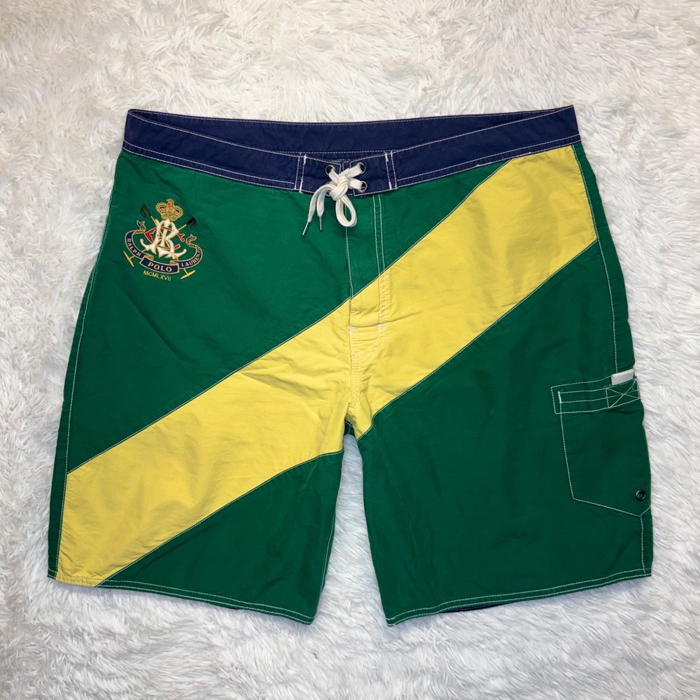 Vintage 90's Polo Ralph Lauren Men's Sz 36 Green Yellow Board Shorts Swim Trunks
